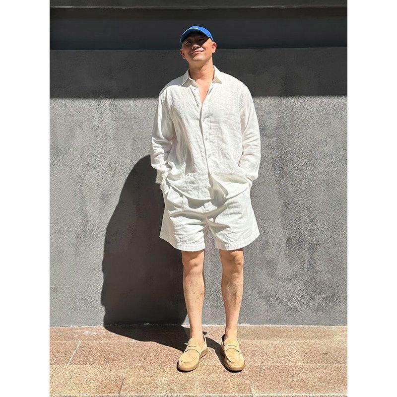 Mens Linen Shirt Long Sleeve - Leichtes Luxus-Leinen-Sonnenschutz-Shirt und Sportshorts-Set für Herren,