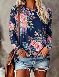 T-Shirts - Damen-Oberteil mit Blumenmuster, Marineblau, Bunt, Langarm,