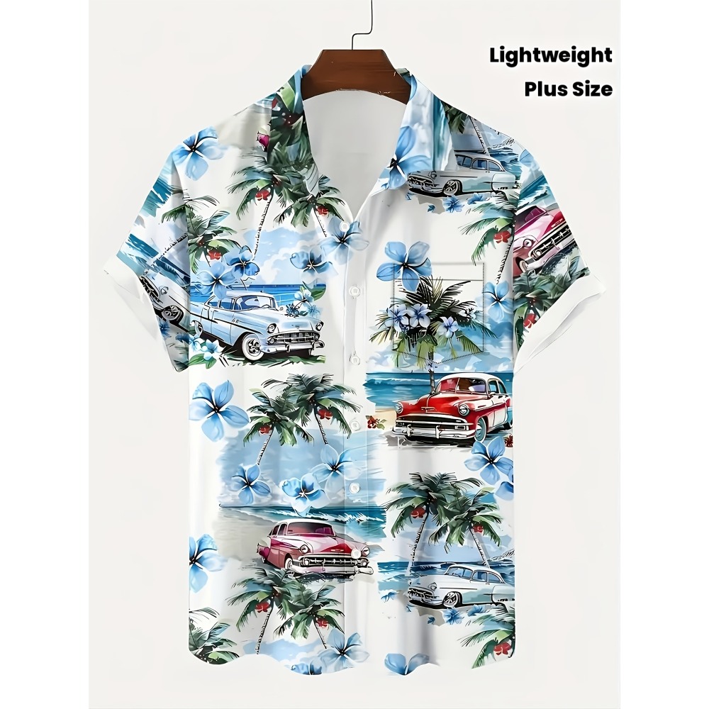 Vintage Hawaiian Floral Shirt - Herren Vintage Klassische Auto- und Palmen-Plumeria-Druck