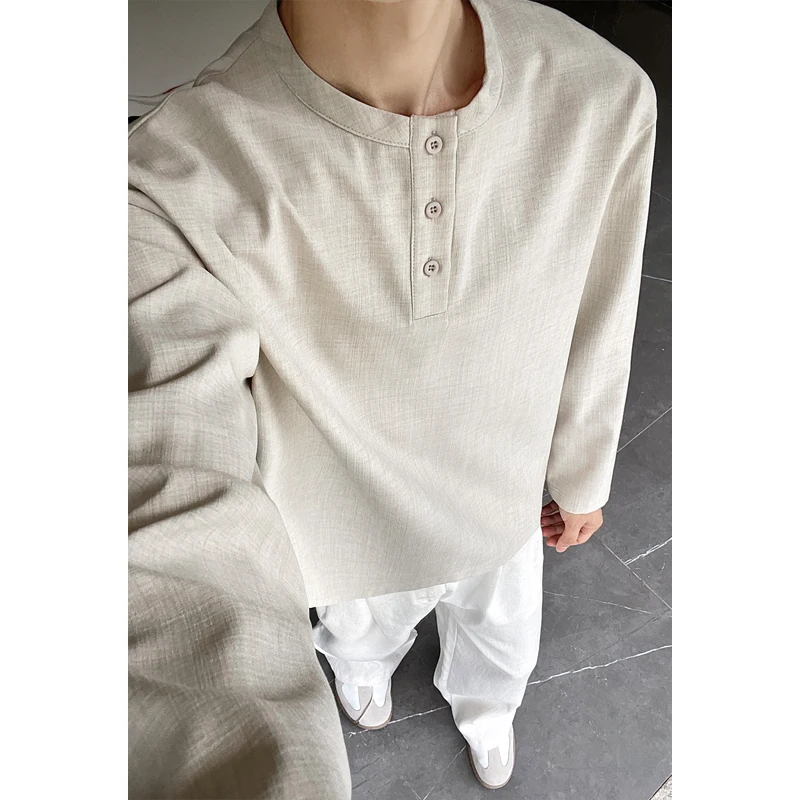Mens Linen Shirt Long Sleeve - Herren Casual Faux-Leinen Henley-Shirt mit Langen