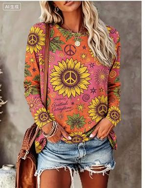 T-Shirts - Damen Langarm-T-Shirt mit Hippie-Gänseblümchen-, Schmetterlings- und