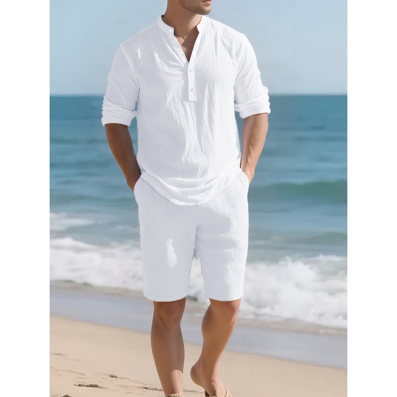 Mens Linen Shirt Long Sleeve - Herren Weißes Leinen-Mischgewebe Zweiteiler Set Henley