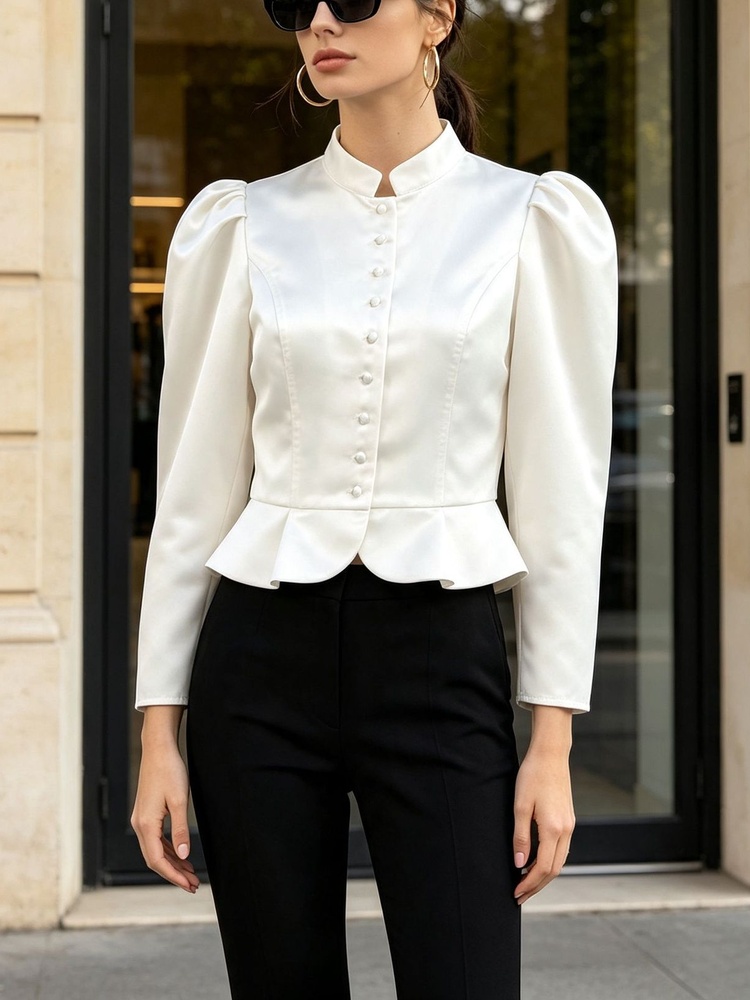 Mandarin Collar Formal Shirt Slim Fit - Peplum-Bluse mit langen Ärmeln, Puffärmeln, Stehkragen,