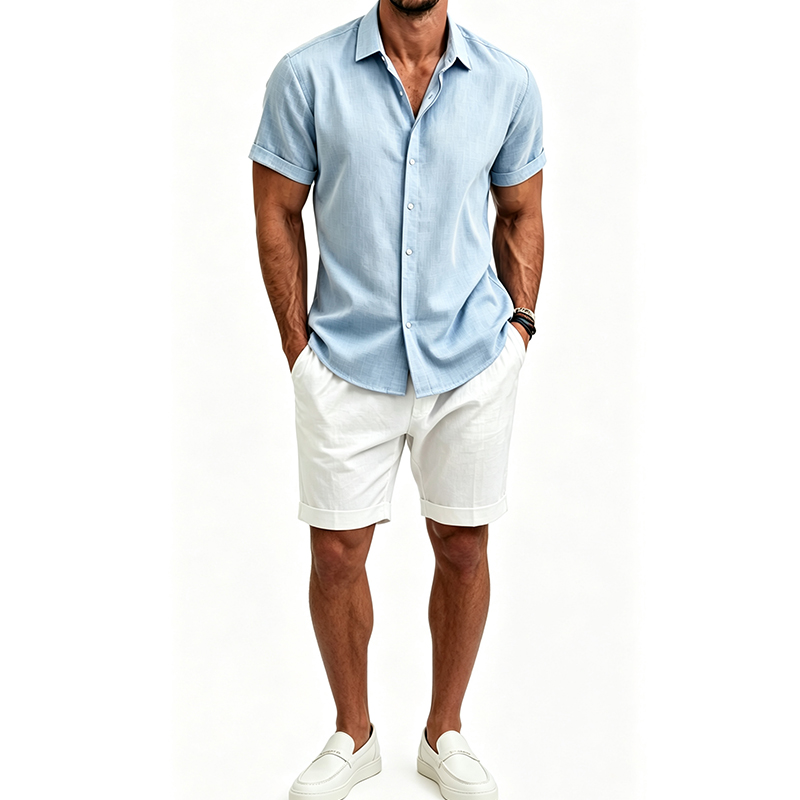 Mens Linen Shirt Long Sleeve - Herren Baumwoll-Leinen-Hemdset, Sommer-Kurzarmhemd und Shorts, Anzüge