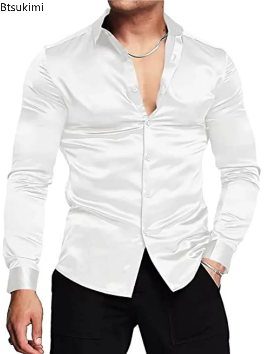 Mens Satin Silk Dress Shirt - Neues 2026 Herren-Hemd, luxuriös, glänzend, Seidensatin,