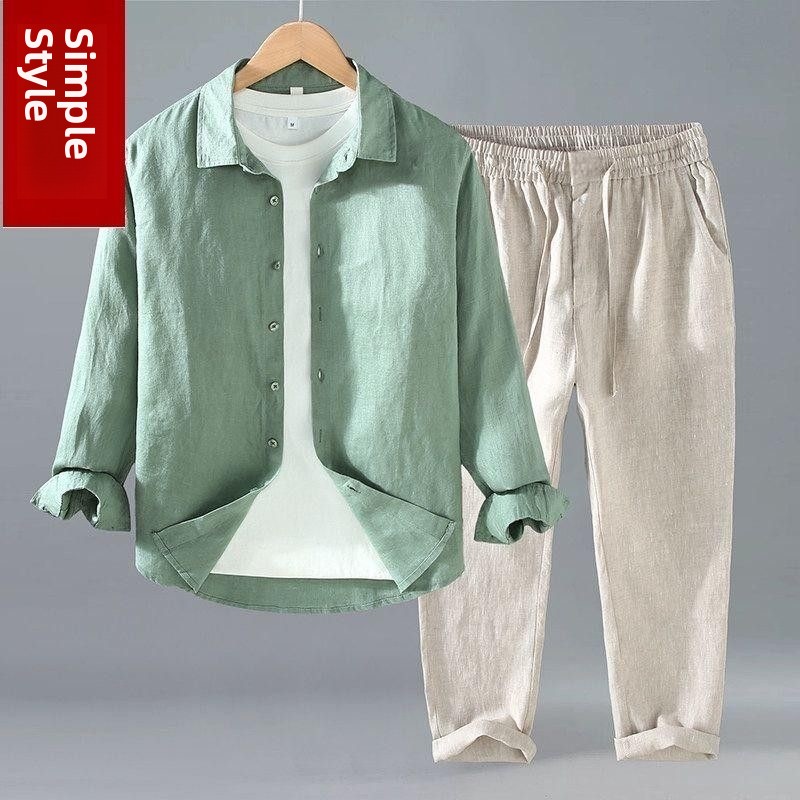 Mens Linen Shirt Long Sleeve - Loses Leinen-Freizeitoutfit für Herren: Kurzarmhemd und