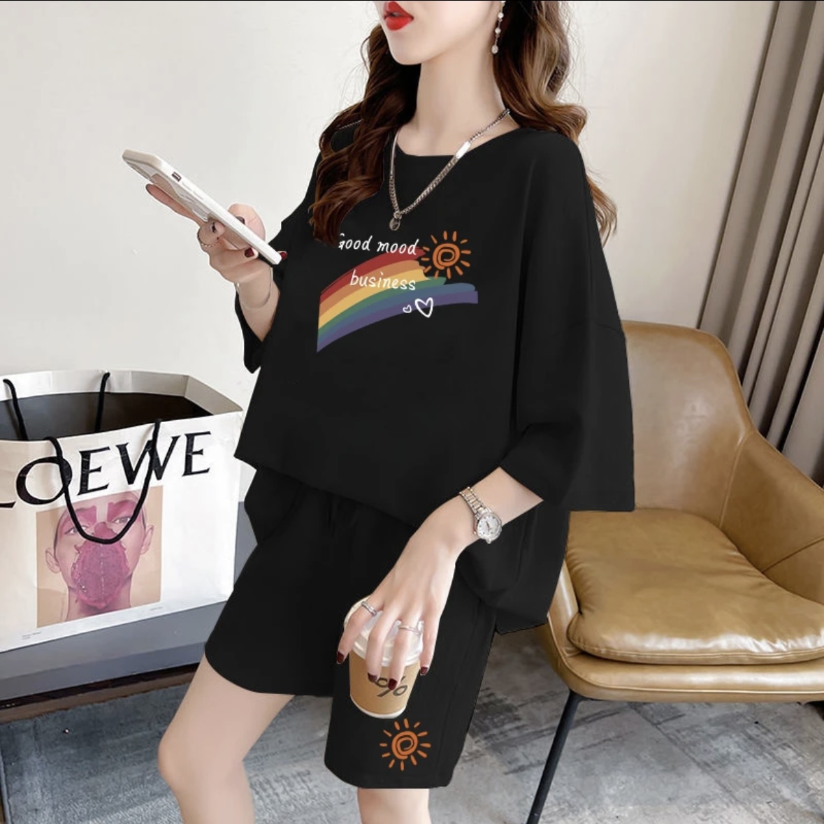 T-Shirts - Modisches Damen-Sommershorts-Set, Sportbekleidung, übergroßes Kurzarm-T-Shirt, 2-teiliges