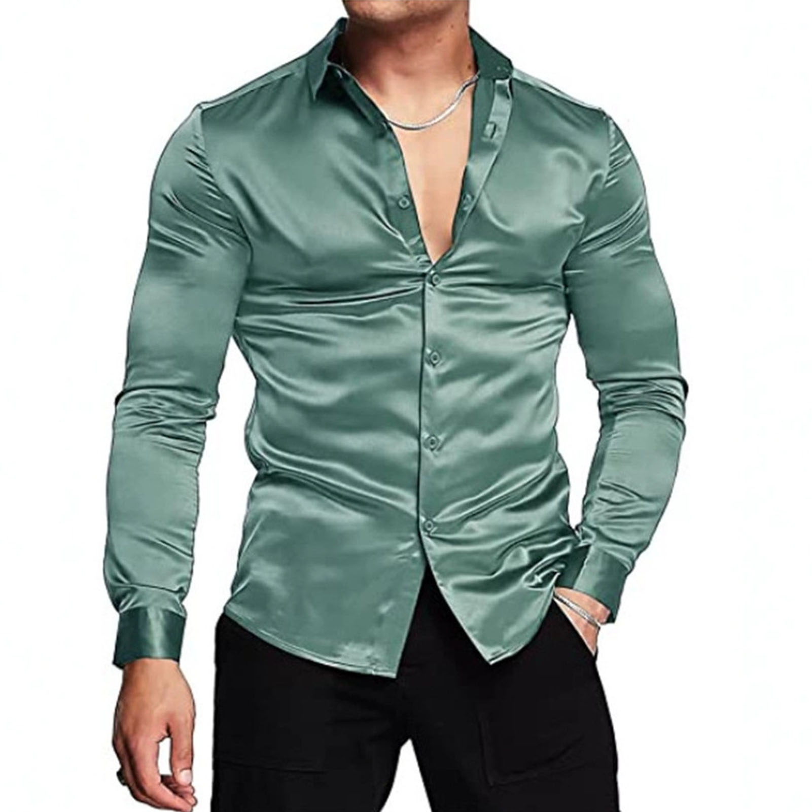 Frühling Herbst Seide Satin Sh – Mens Satin Silk Dress Shirt Bewertung und Preis