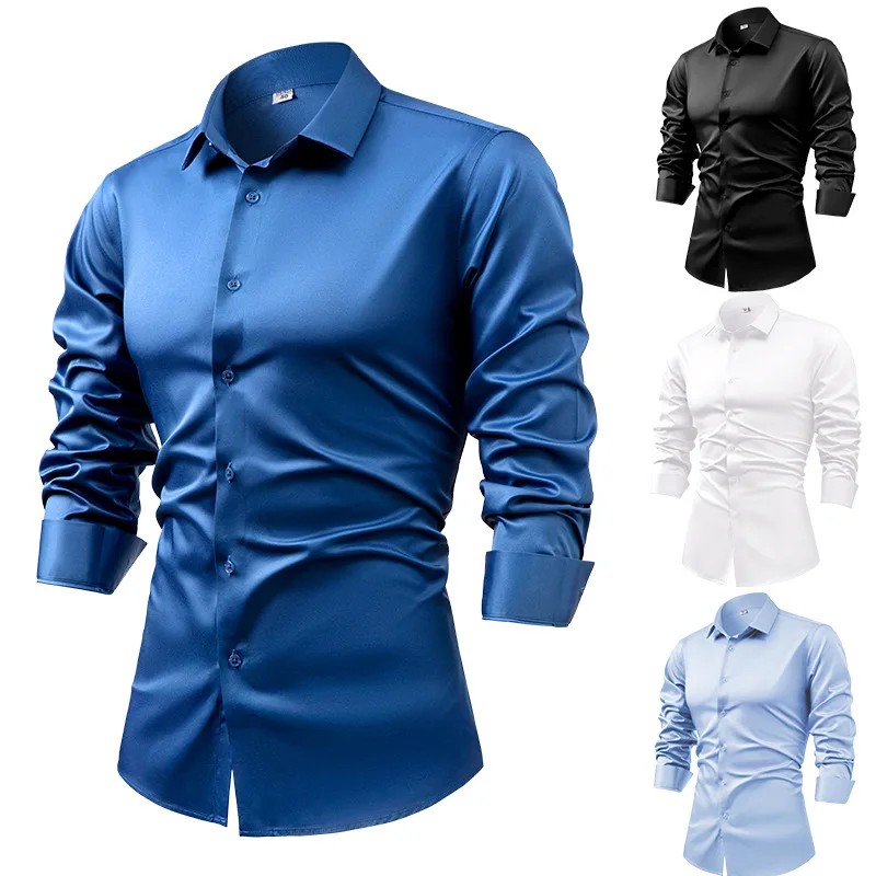 2025, Frühlings-Herbst-Königsb – Mens Satin Silk Dress Shirt Bewertung und Preis
